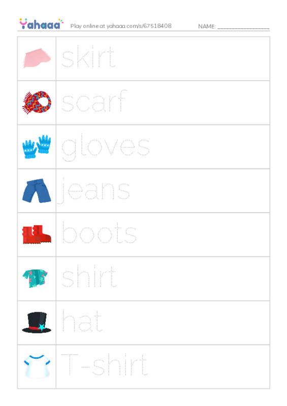 Clothes vocabulary PDF one column image words