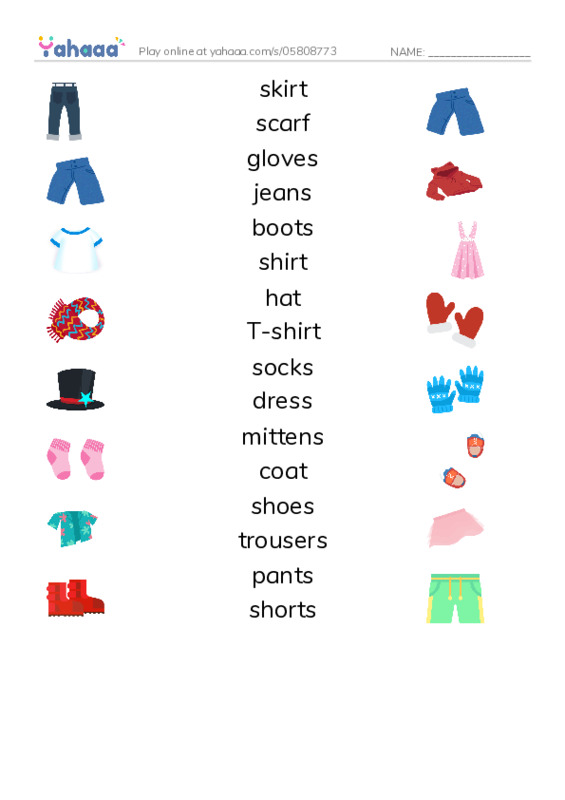 Clothes vocabulary PDF three columns match words
