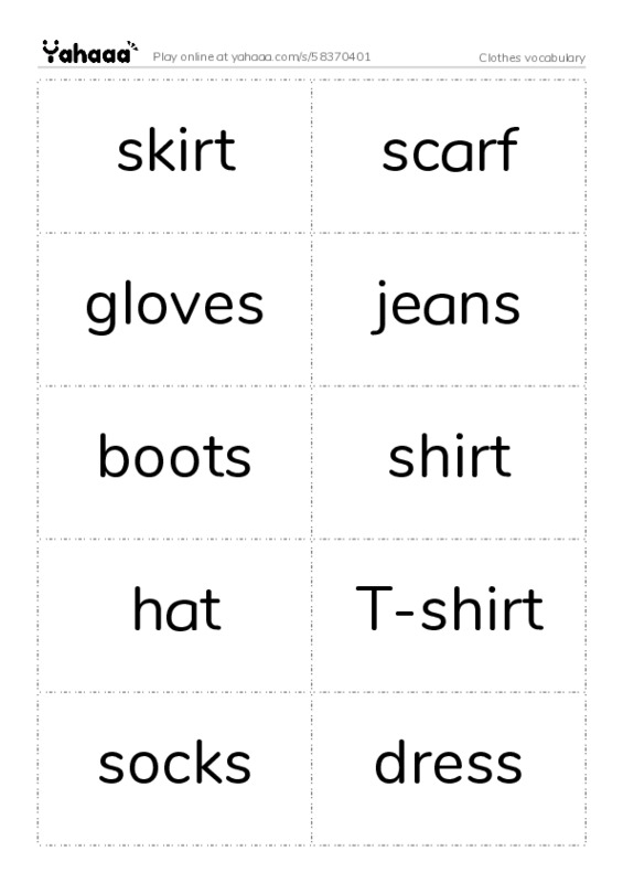 Clothes vocabulary PDF two columns flashcards