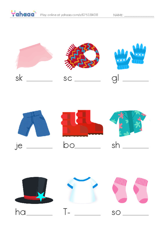 Clothes vocabulary PDF worksheet to fill in words gaps