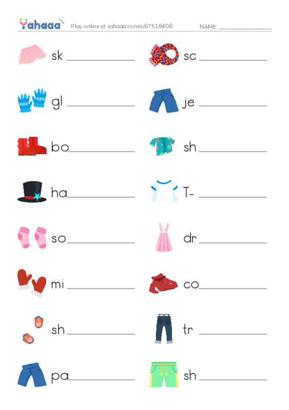 Clothes vocabulary PDF worksheet writing row
