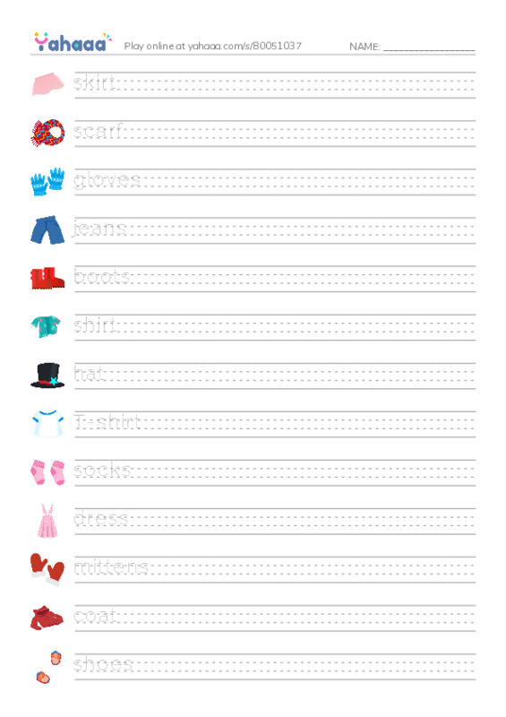Clothes vocabulary PDF write between the lines worksheet