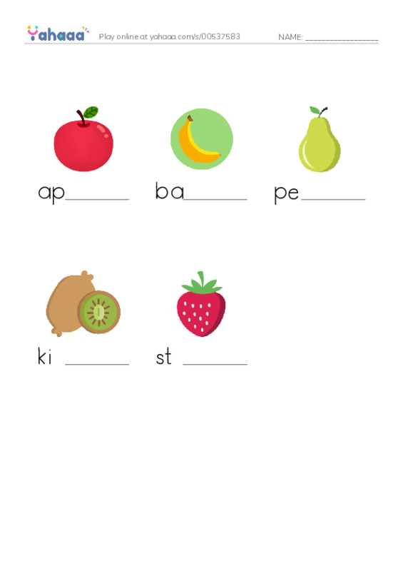 fruits PDF worksheet to fill in words gaps