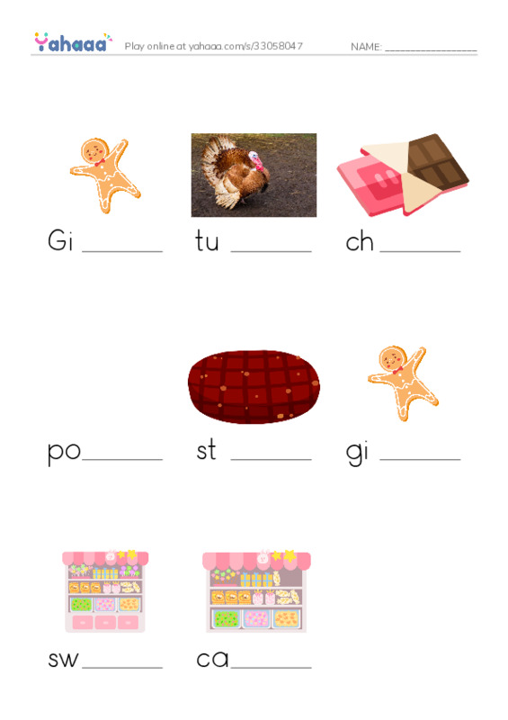 Xmas Foods vocabulary PDF worksheet to fill in words gaps