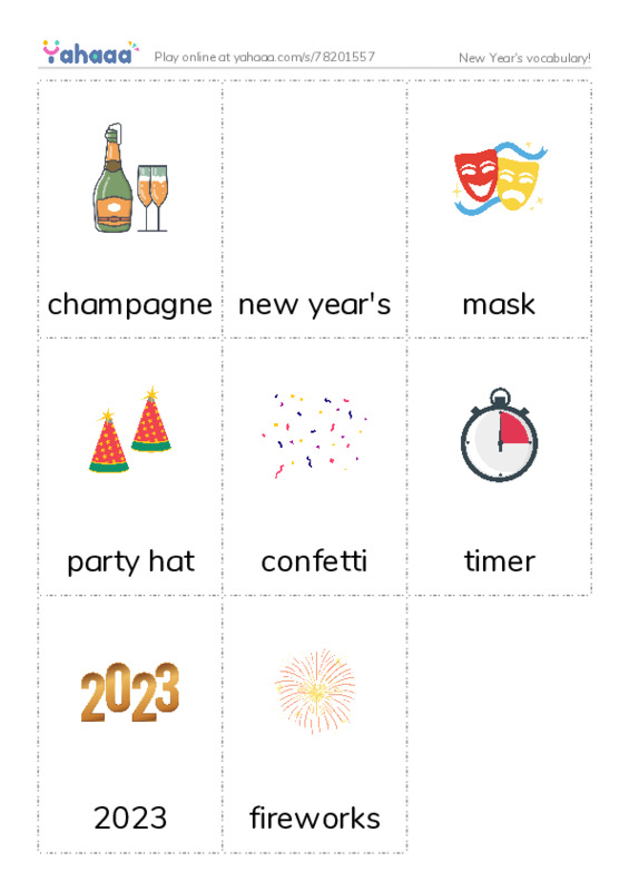 New Year's vocabulary! PDF flaschards with images