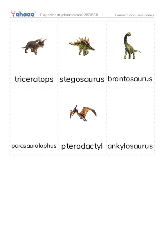 Common dinausors names PDF flaschards with images