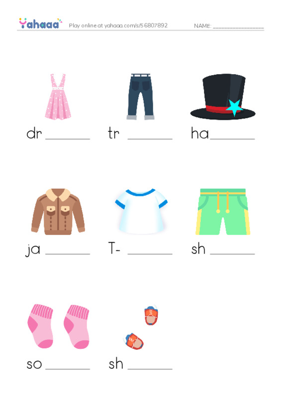 clothes PDF worksheet to fill in words gaps