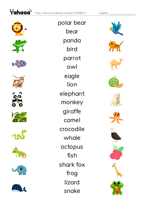 Animals  PDF three columns match words