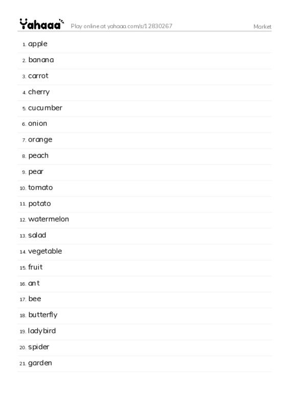 Word list with meanings worksheet for Market