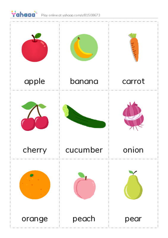 Picture flashcards worksheet for apple, banana, carrot and 18 more