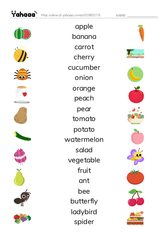 Match both sides worksheet for apple, banana, carrot and 18 more