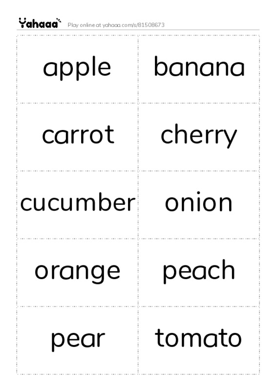 Word flashcards worksheet for apple, banana, carrot and 18 more