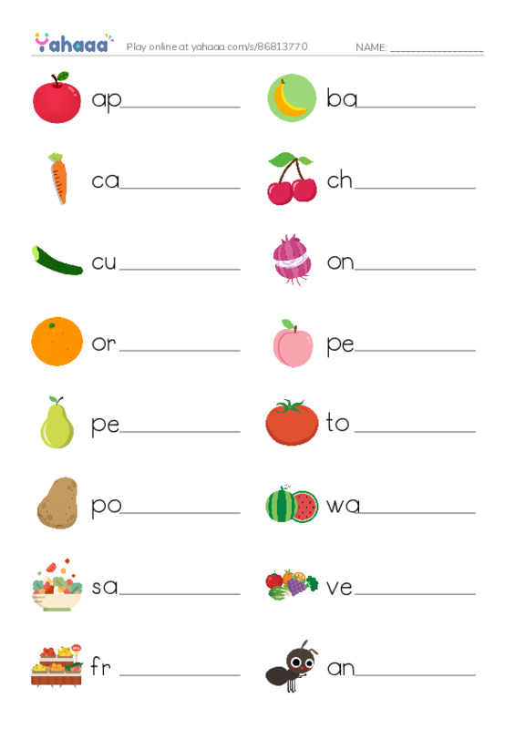 Write the word rows worksheet for apple, banana, carrot and 18 more