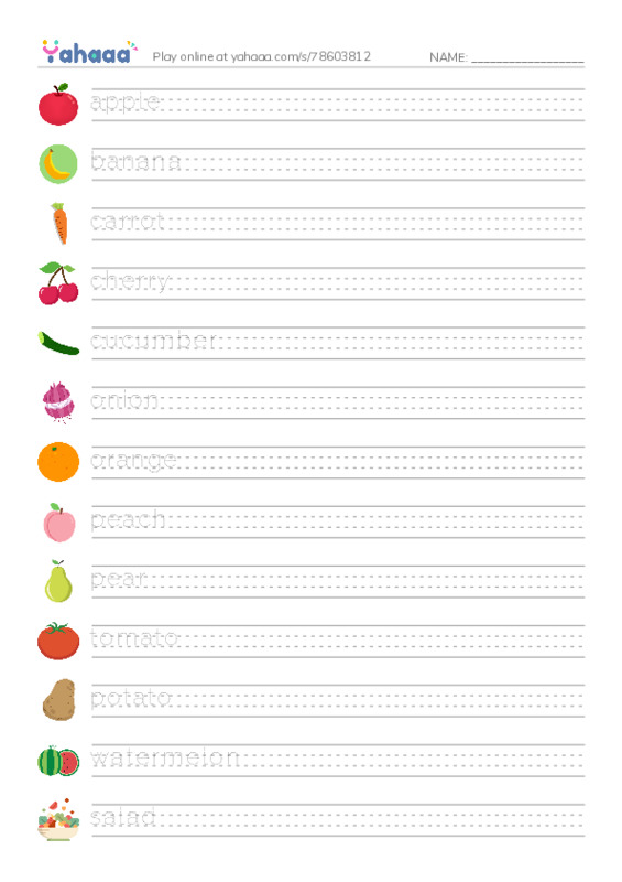 Handwriting lines worksheet for apple, banana, carrot and 18 more