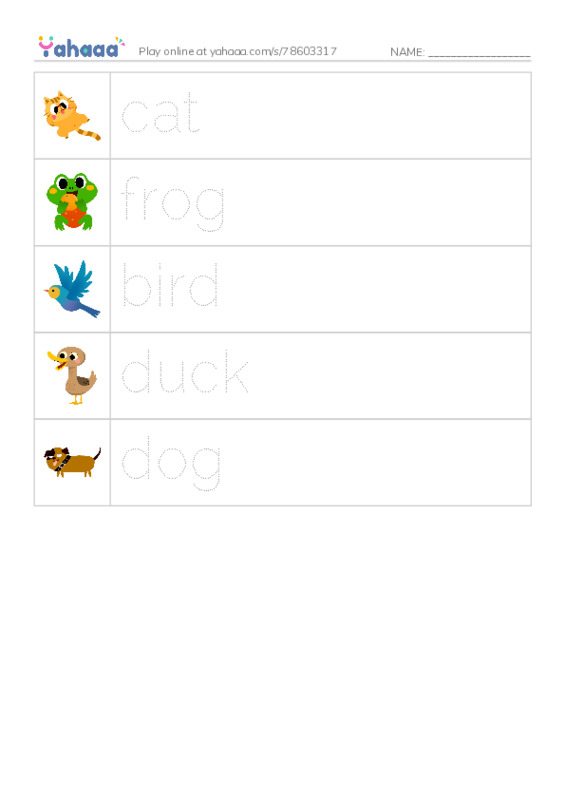 Picture and word rows worksheet for Animals and action
