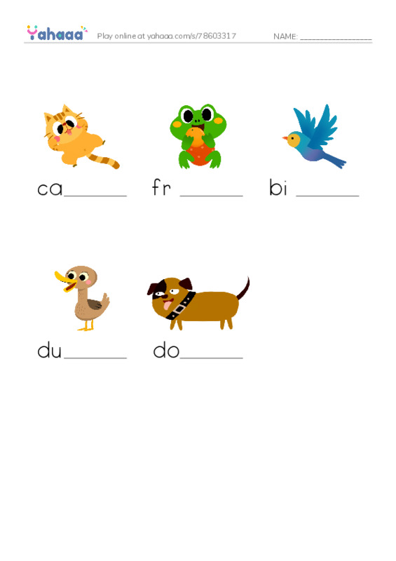 Finish the word worksheet for Animals and action