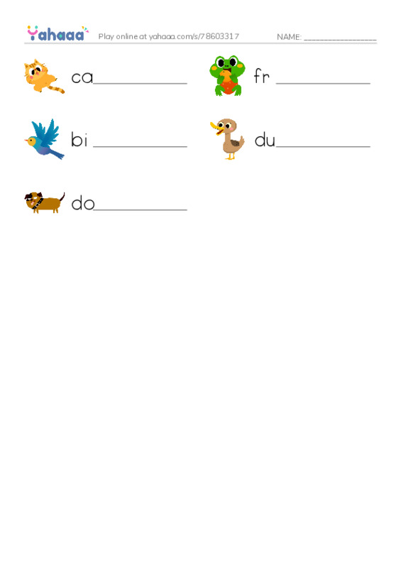 Write the word rows worksheet for Animals and action