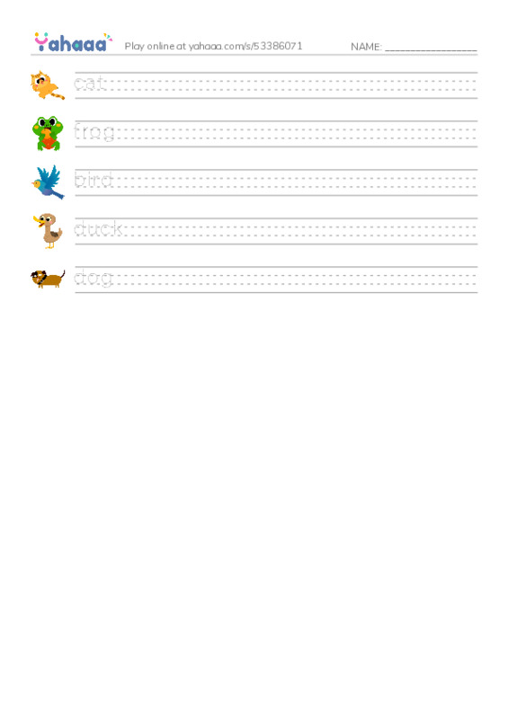 Handwriting lines worksheet for Animals and action