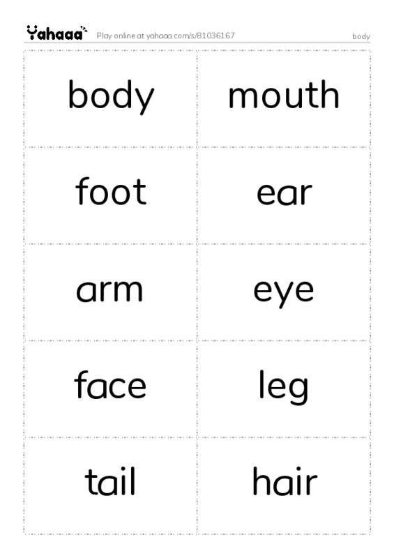 Word flashcards worksheet for body