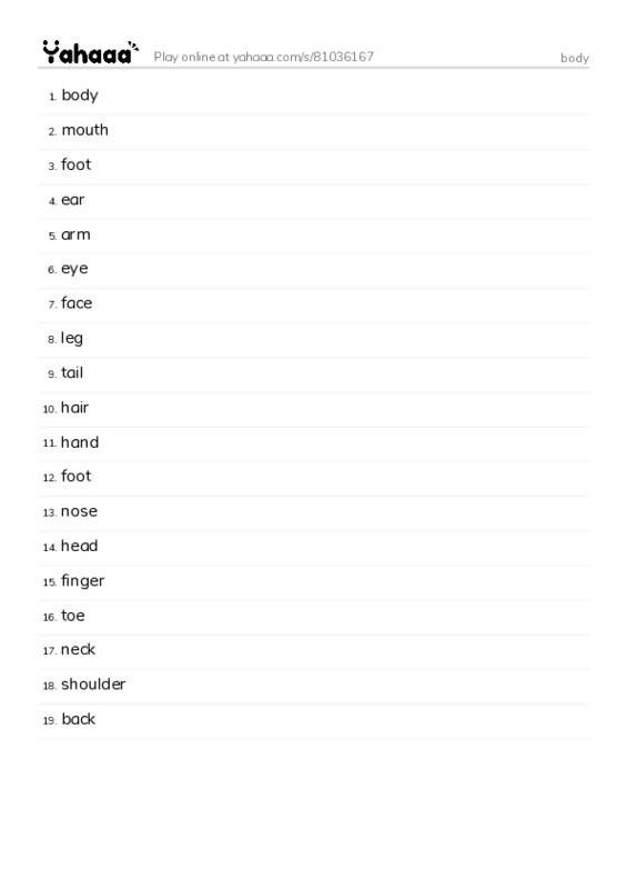Word list with meanings worksheet for body