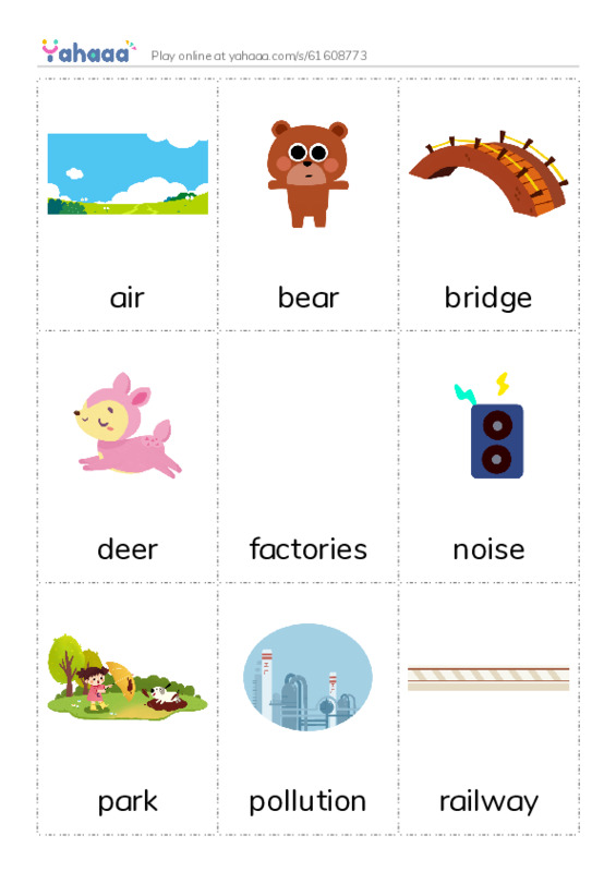 Picture flashcards worksheet for air, bear, bridge and 12 more