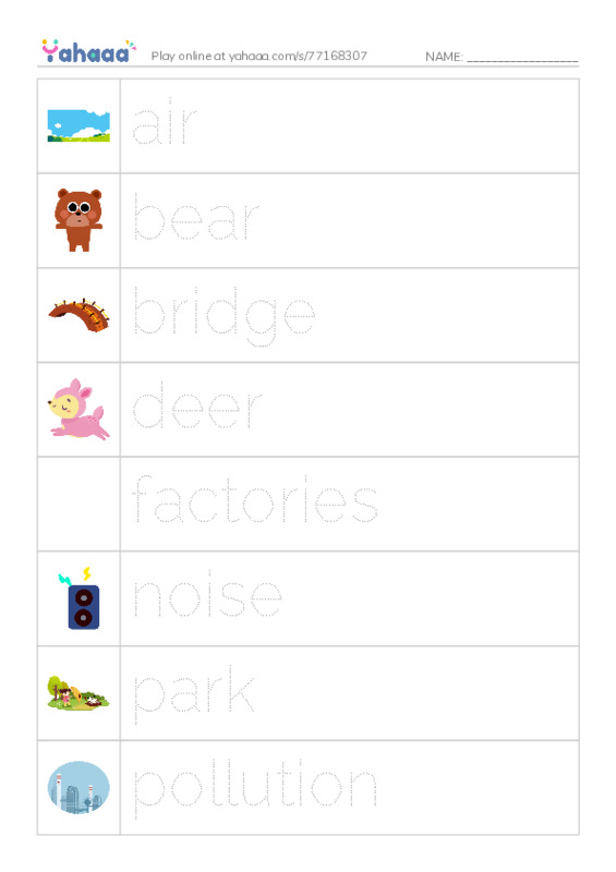 Picture and word rows worksheet for air, bear, bridge and 12 more
