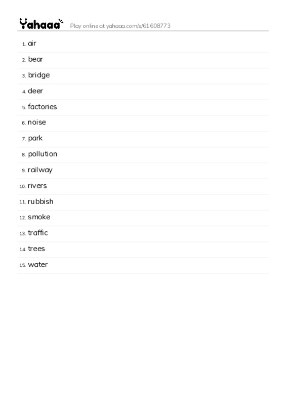 Word list with meanings worksheet for air, bear, bridge and 12 more