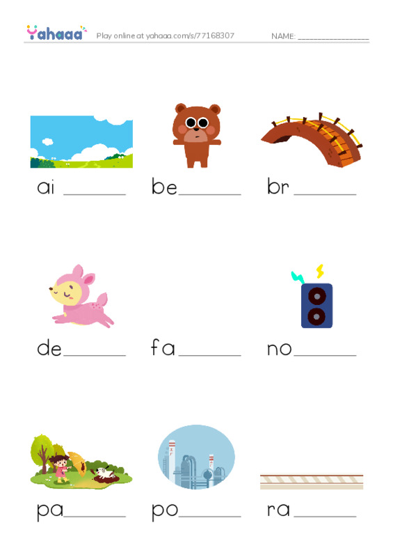 Finish the word worksheet for air, bear, bridge and 12 more