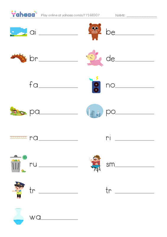 Write the word rows worksheet for air, bear, bridge and 12 more