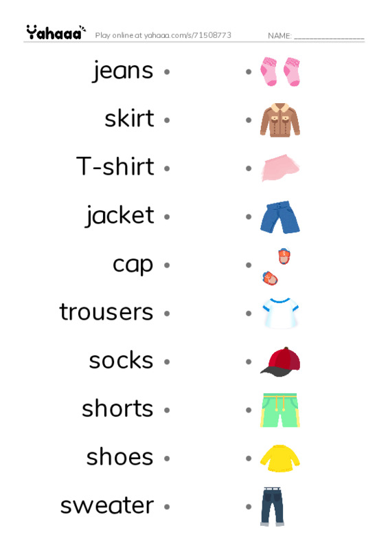 Draw a line to match worksheet for Clothes