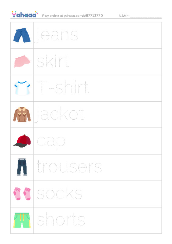 Picture and word rows worksheet for Clothes