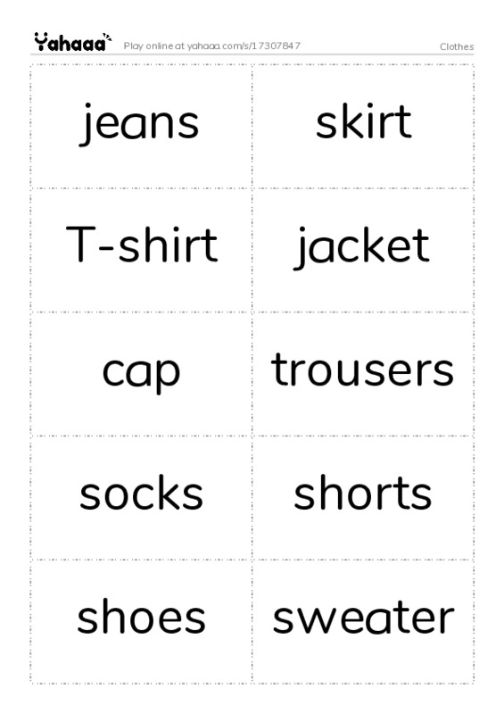 Word flashcards worksheet for Clothes