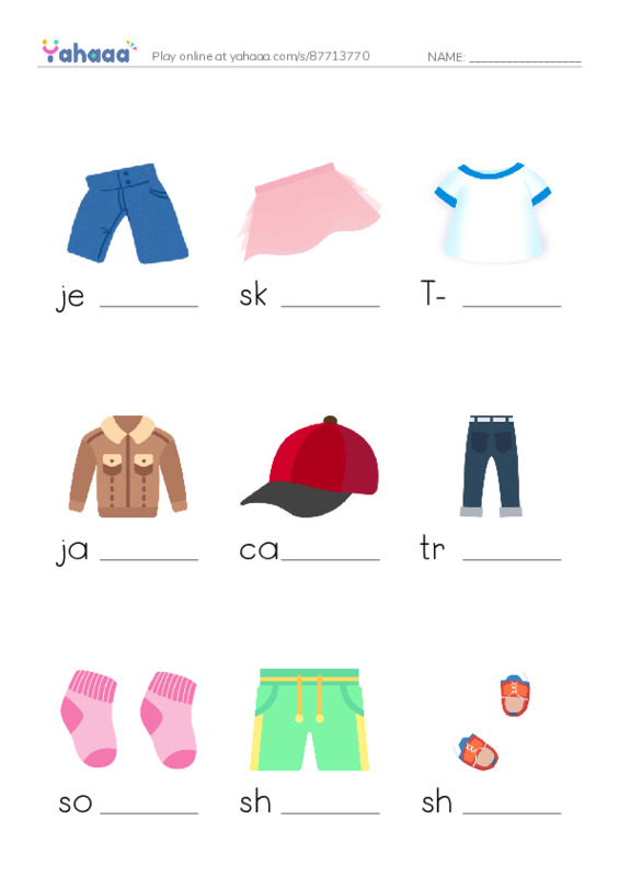 Finish the word worksheet for Clothes