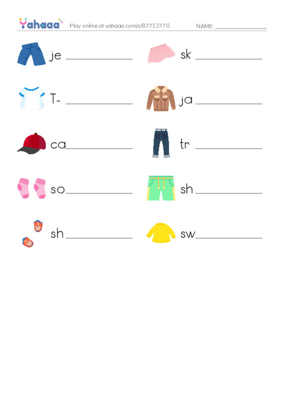 Write the word rows worksheet for Clothes