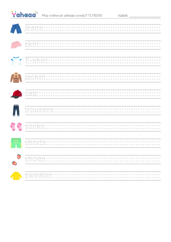 Handwriting lines worksheet for Clothes