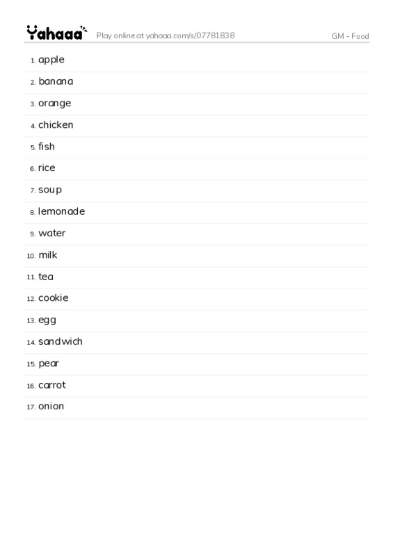 Word list with meanings worksheet for GM - Food