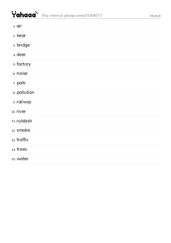 Word list with meanings worksheet for Market