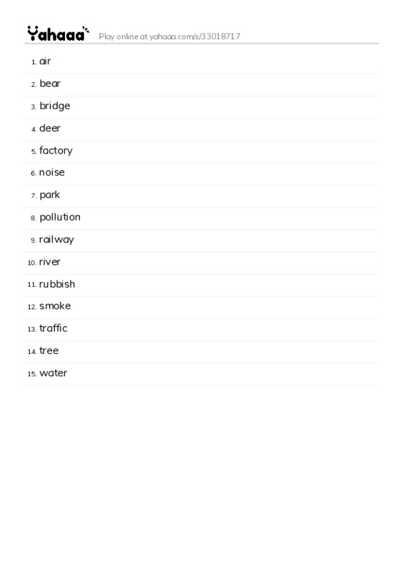 Word list with meanings worksheet for air, bear, bridge and 12 more