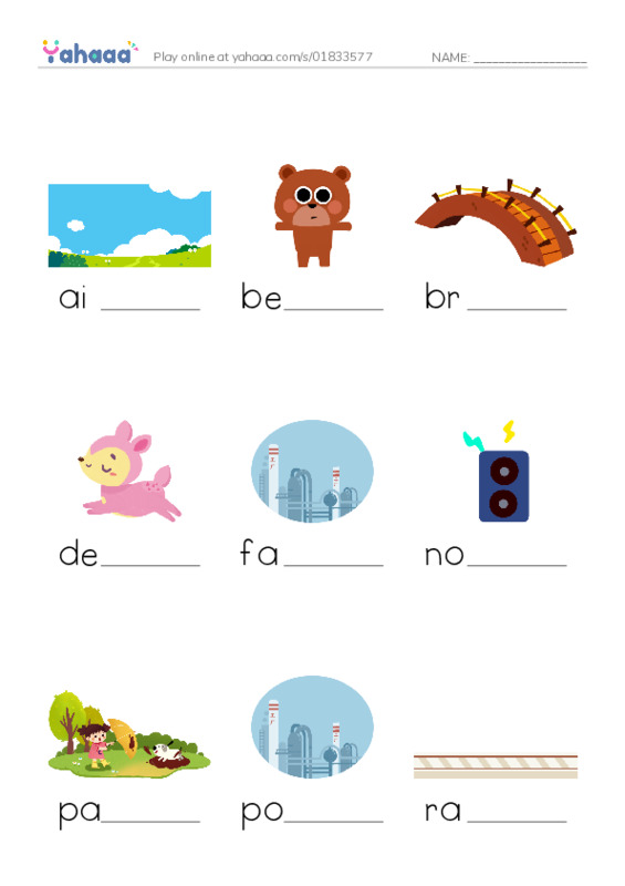 Finish the word worksheet for air, bear, bridge and 12 more