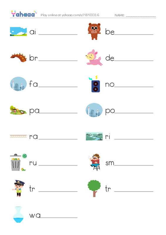 Write the word rows worksheet for air, bear, bridge and 12 more