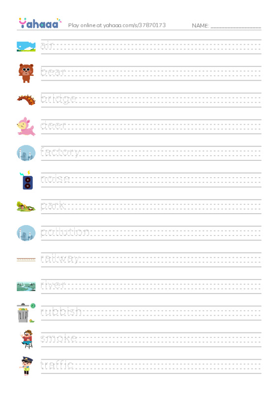 Handwriting lines worksheet for air, bear, bridge and 12 more