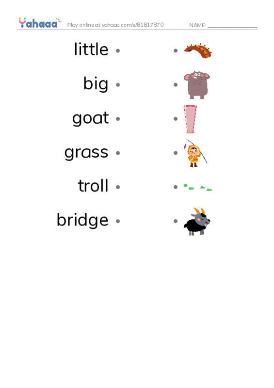 Draw a line to match worksheet for Three Billy Goat Gruff