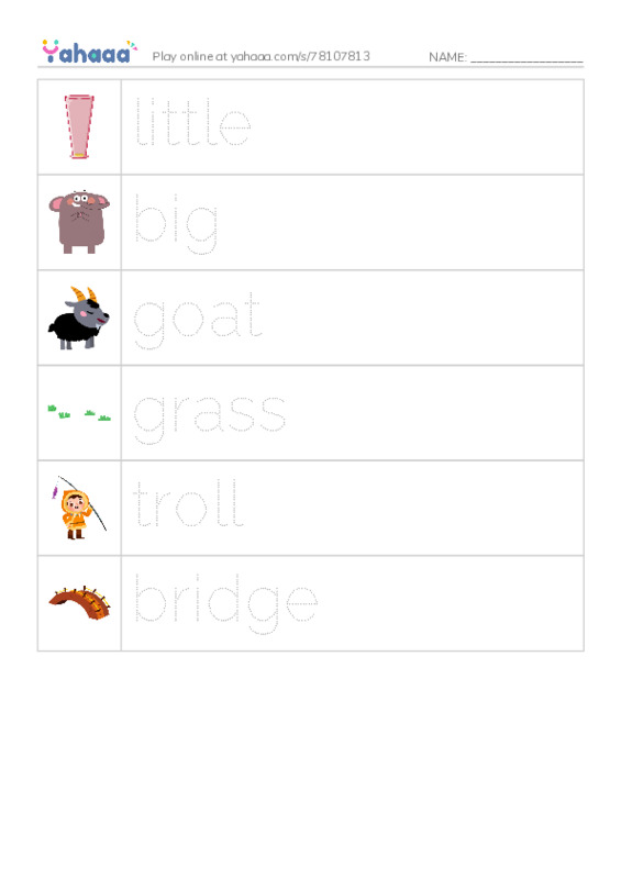 Picture and word rows worksheet for Three Billy Goat Gruff