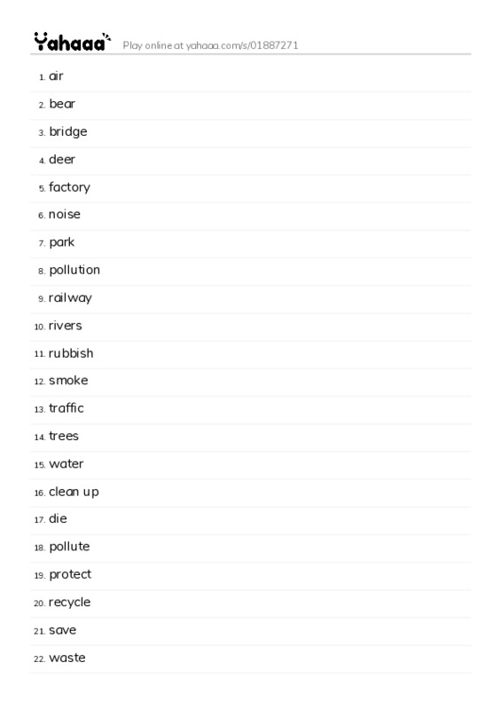 Word list with meanings worksheet for air, bear, bridge and 21 more