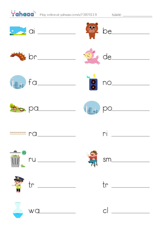 Write the word rows worksheet for air, bear, bridge and 21 more