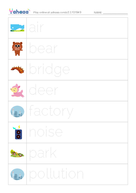 Picture and word rows worksheet for air, bear, bridge and 21 more