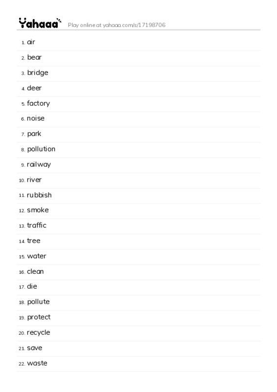 Word list with meanings worksheet for air, bear, bridge and 21 more