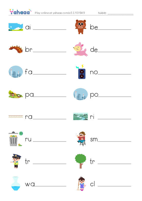 Write the word rows worksheet for air, bear, bridge and 21 more