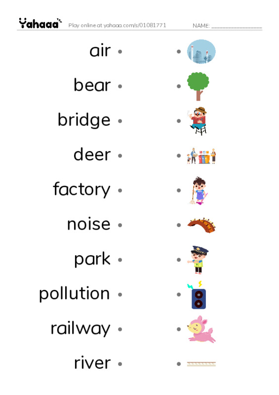 Draw a line to match worksheet for air, bear, bridge and 18 more
