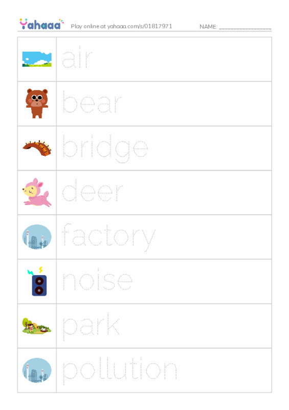 Picture and word rows worksheet for air, bear, bridge and 18 more